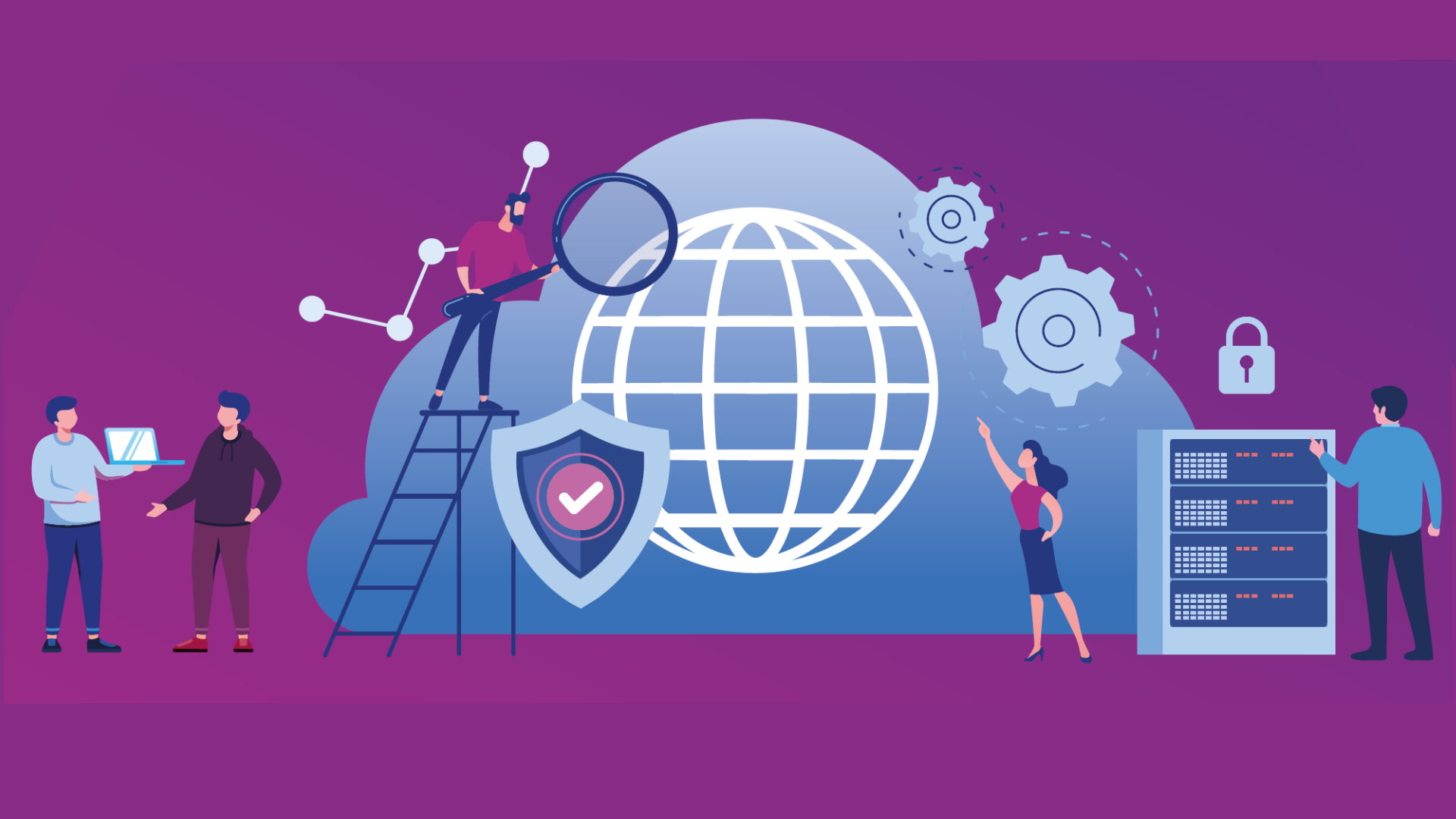 A globe on a cloud with a cyber security shield on a purple background infographic